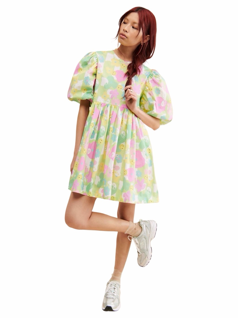 By Megan Crosby Olive Puff Sleeve Babydoll Dress with Smiley Face Pattern